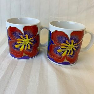 Pair of Laurel Burch Wild Hibiscus Coffee Mugs